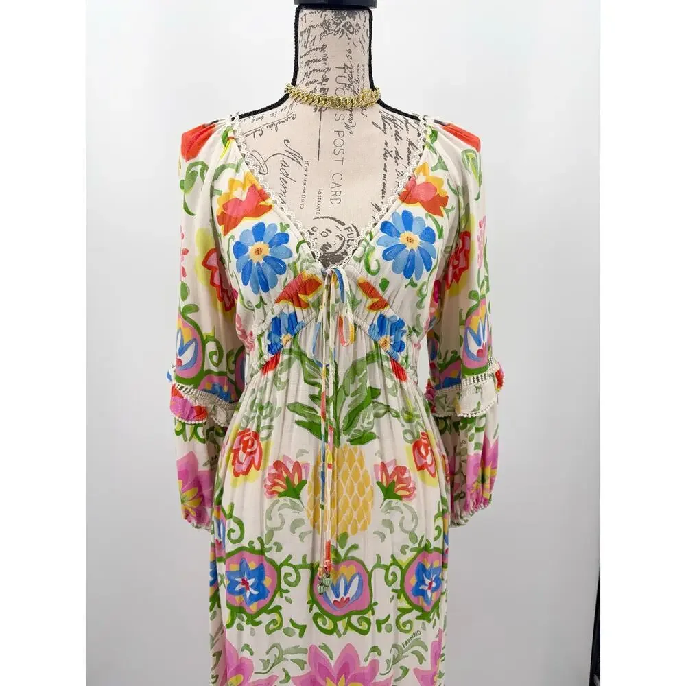 B58 FARM Rio Pineapple Floral Maxi Dress Small Boho Resort Vacation Tropical - Picture 5 of 10